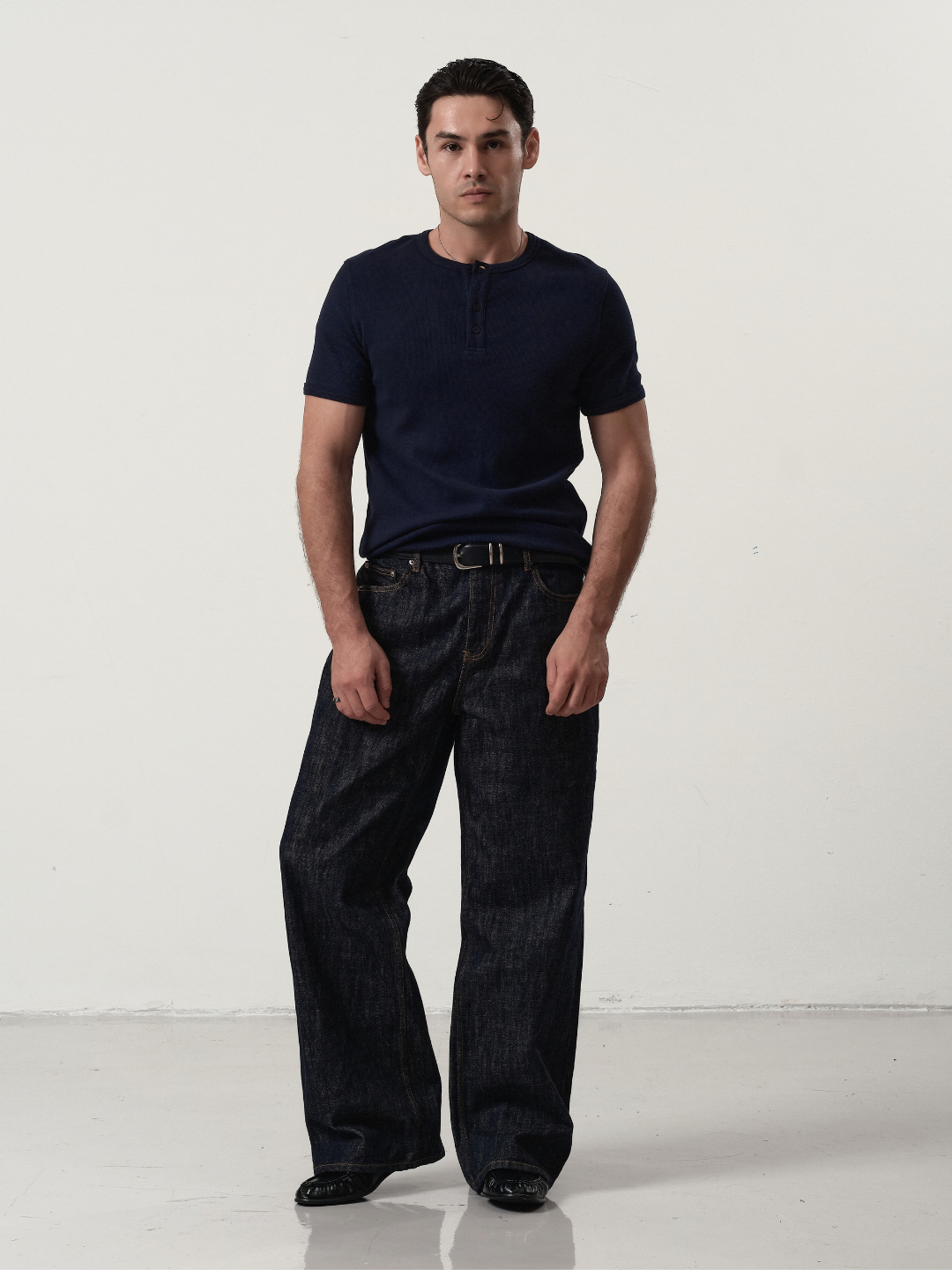 Fitted Henley Tee in Navy Blue
