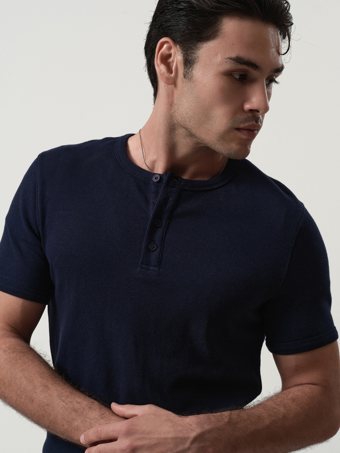 Fitted Henley Tee in Navy Blue